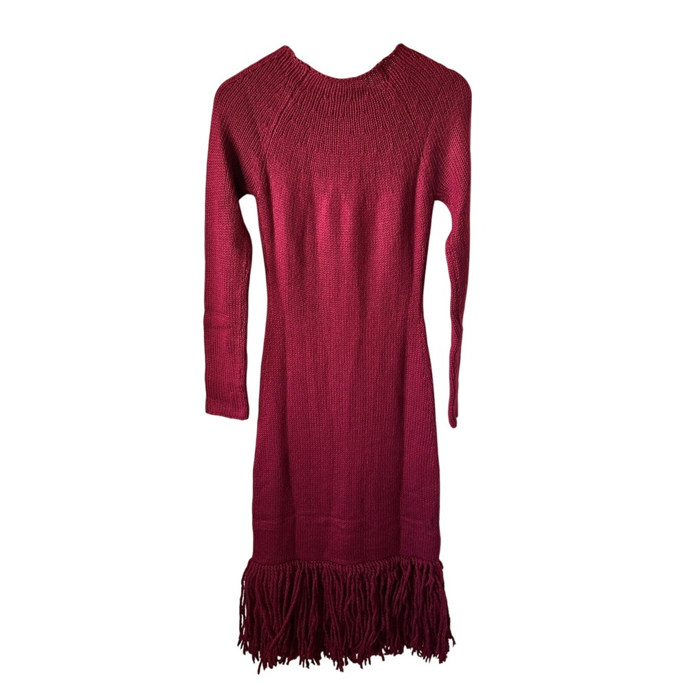 Marina‎ Moscone Red Knit Sweater Dress Fringe Trim Long Sleeve Midi S - Picture 3 of 5